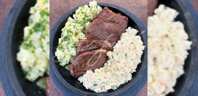 STRIP FILLET AND CREAMY RICE WITH HEART OF PALM AND CITRUS SALAD